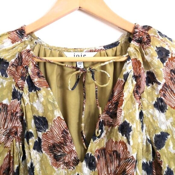 Like New Joie Silk Aminah Smocked Floral-Print Mini Dress In Ecru Olive Size M - Picture 3 of 6